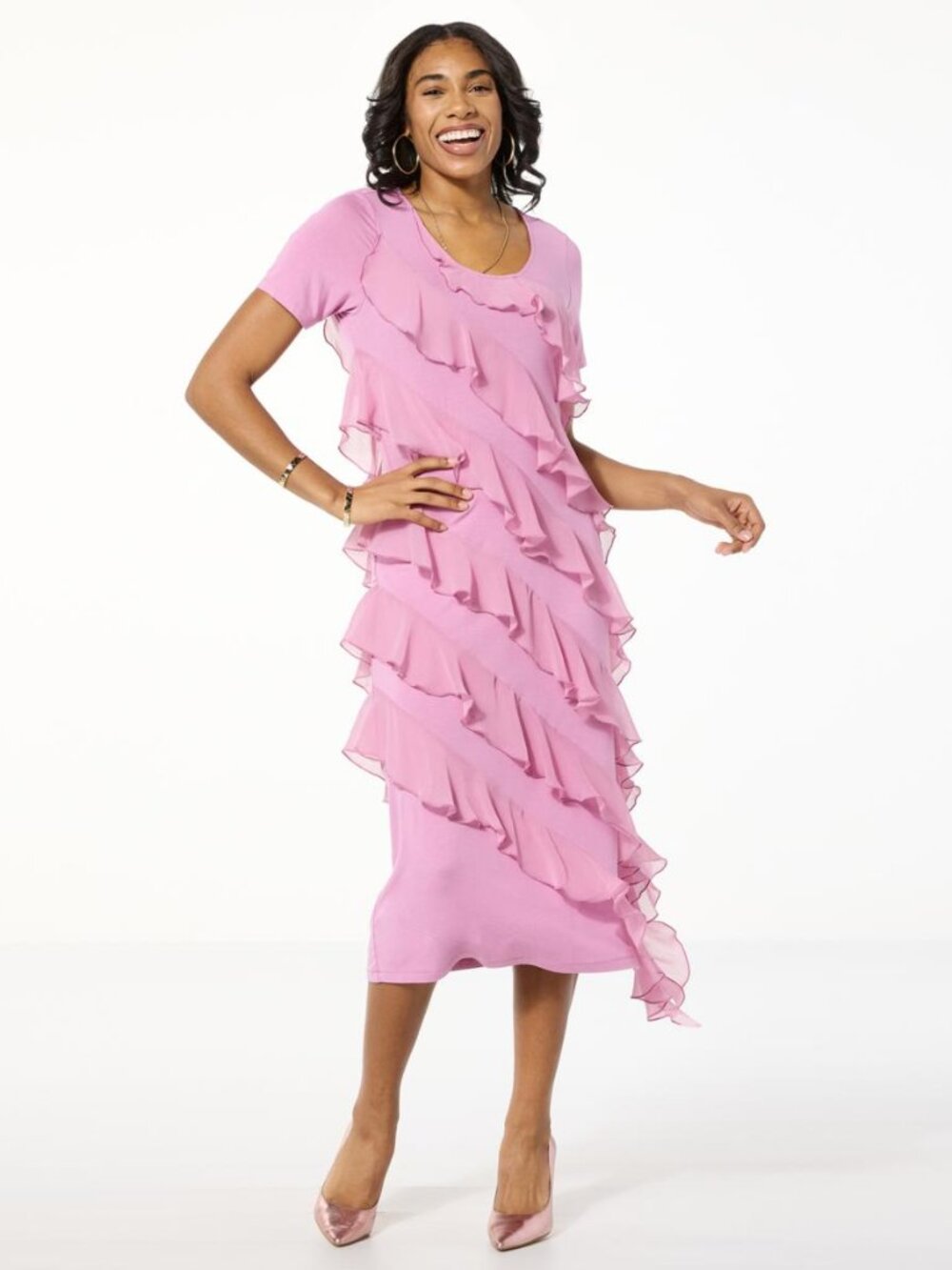 Colleen Lopez Knit Tiered Ruffle Midi Dress Orchid Size Petite Small NWOT